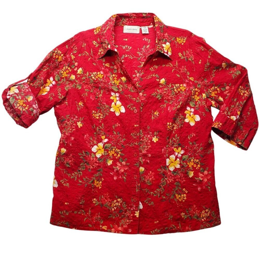 VTG Lemon Grass Red Floral Button Up Top Cottagecore Grannycore Cotton Womens 1X